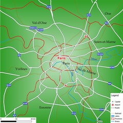 Map of the capital city Paris with main streets, rivers, lakes, urban areas and names of counties near