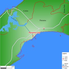 Map of the capital city Panama City with main streets, rivers, lakes, urban areas and names of counties near