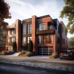 Fototapeta premium Architectural triplex parking front street duplex house pictures AI Generated art