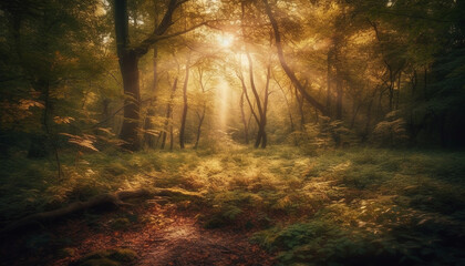 Naklejka premium Tranquil forest path, autumn leaves crunching underfoot generated by AI