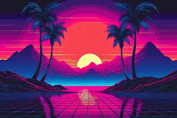  Retro futuristic sci-fi, 90s nostalgia. Neon colors of night with stargazing sky, cyberpunk vintage illustration with palms. Landscape of retrowave. Cyberpunk 2077 - obrazy, fototapety, plakaty