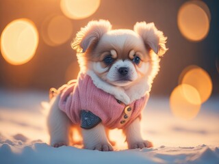 A cute little baby puppy in warm winter clothes. ai generative