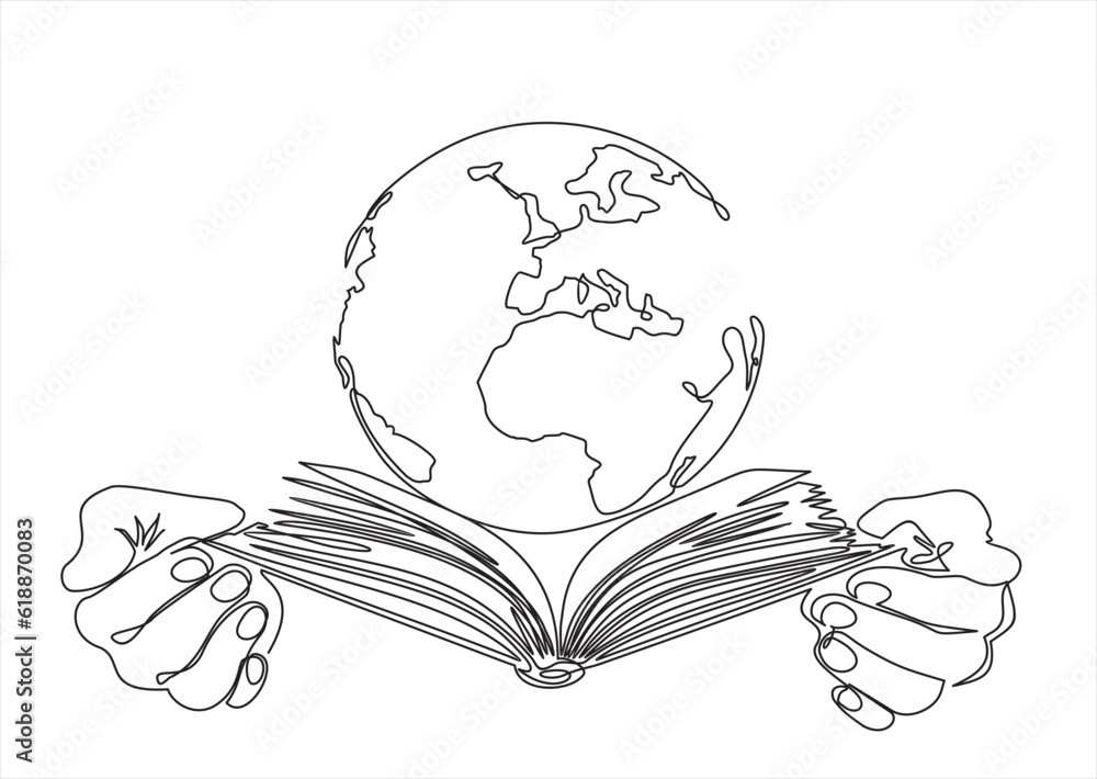 Poster continuous one line drawing of hands hold open book and globe earth planet concept