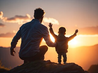 Back view of super dad holding his little boy. ai generative