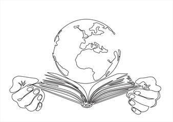 Continuous one line drawing of hands hold open Book and globe Earth planet concept