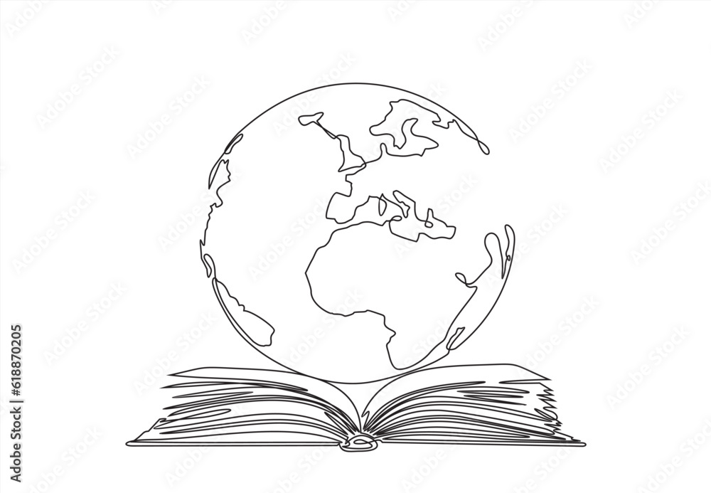 Poster continuous one line drawing of open book and globe earth planet concept