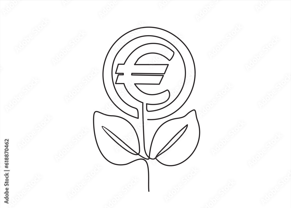 Poster one continuous line drawing of money tree plant with coin euro. growing coin tree symbol and finance