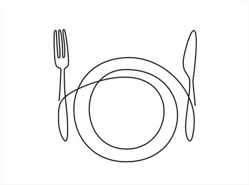 Naklejki Continuous one line art or One Line Drawing of plate, knife and fork. Restaurant concept hand draw line art design vector illustration for cafe, shop or food delivery service