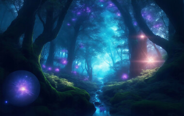 Obraz premium Megical dreamy outer space forest, Generative AI Illustration.