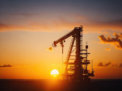 Oil rig at sunset bokeh lens flare. ai generative