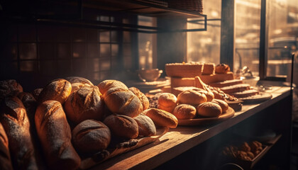 Obraz na płótnie Canvas Freshly baked organic bread, a rustic delight generated by AI