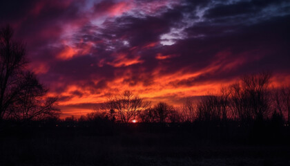 Fototapeta premium Silhouette tree back lit by vibrant sunset generated by AI