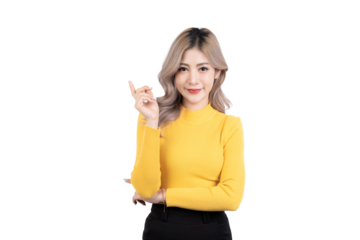 Smiling happy asian woman with her finger pointing isolated on white background.