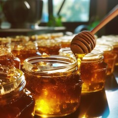 Jars with fresh honey from bees close up. Generative Ai.