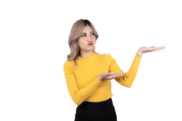 Smiling happy asian woman with her finger pointing isolated on white background.