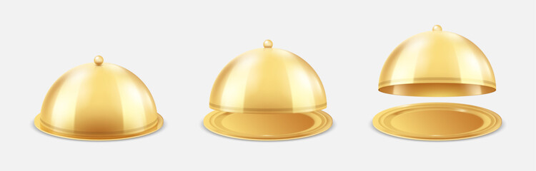 Gold tray. Empty cloche. 3D restaurant food bell. Golden meal dish with glossy dome. Open plate for lunch. Closed luxury platter. Isolated tableware. Vector realistic serving elements set