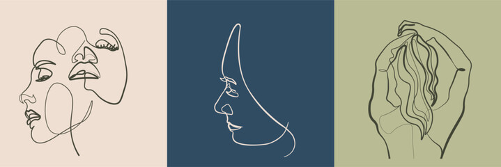 Surreal Faces Continuous line, drawing of set faces and hairstyles, fashion concept, woman's beauty, minimalist, vector illustration, pretty sexy. Love yourself and take care of yourself.