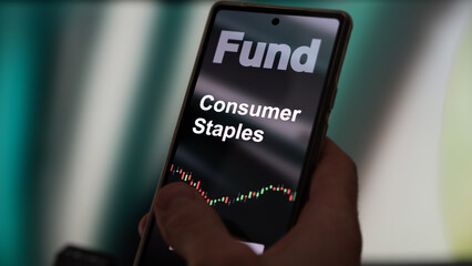 An investor's analyzing the consumer staples etf fund on a screen. A phone shows the prices of consumer staples equities. To invest in ETFs