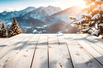 Wooden Terrace the blurred and Christmas background. Wood white table top perspective in front of natural in the sky with light and mountain blur background image for product display Generative AI