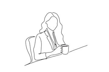 one line art character woman holding coffee drink during working time rest
  hand-drawn illustration vector