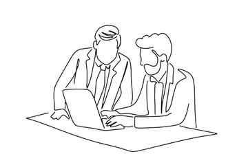 one line art character couple working together on computer consult each other hand-drawn illustration vector