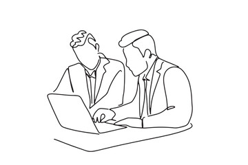 one line art character couple working together on computer consult each other hand-drawn illustration vector