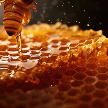 The process of extracting fresh honey from bee honeycombs close up. Generative Ai.
