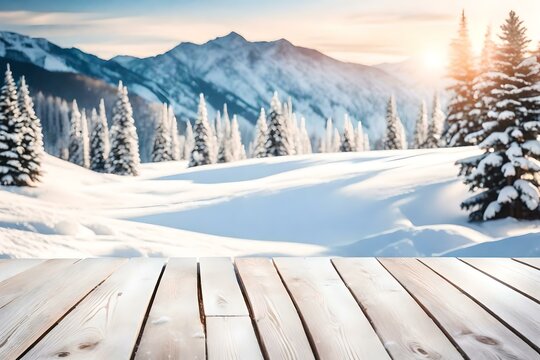 Wooden Terrace the blurred and Christmas background. Wood white table top perspective in front of natural in the sky with light and mountain blur background image for product display Generative AI
