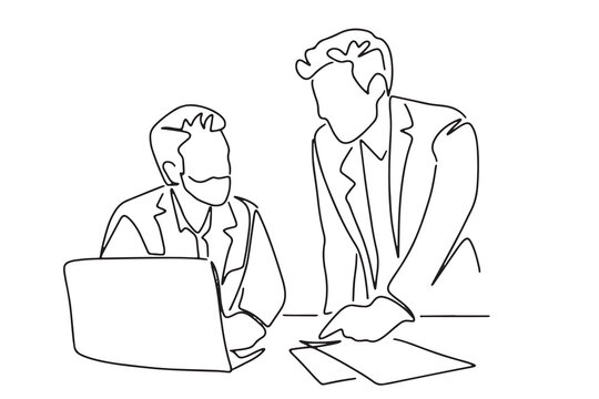 one line art character couple working together on computer consult each other hand-drawn illustration vector