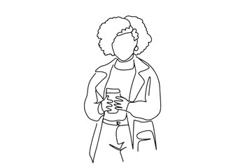 one line art character woman holding coffee drink during working time rest
  hand-drawn illustration vector