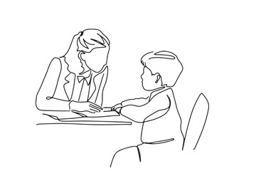 one line art character mother or teacher sitting and teaching children homework learning care about education
  hand-drawn illustration vector