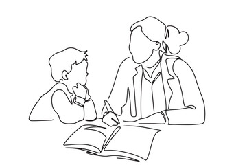 one line art character mother or teacher sitting and teaching children homework learning care about education
  hand-drawn illustration vector