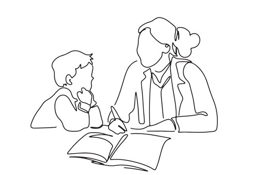 recommend clip art: one line art character mother or teacher sitting and teaching children homework learning care about education
                      hand-drawn illustration vector