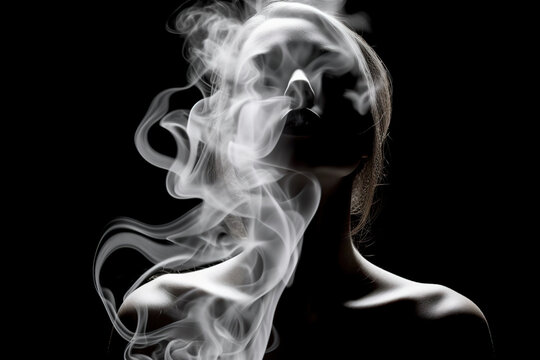 black and white portrait of Beautiful silhouette woman with smoke cigarette, Retro style portrait Shadow, generative ai.