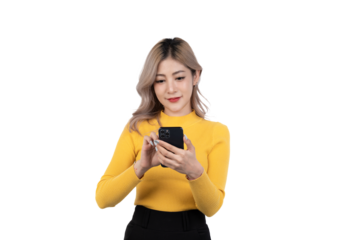 Portrait of a happy asian businesswoman using mobile phone isolated over white background.