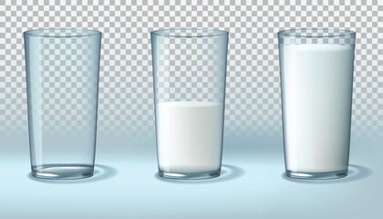 Milk glass. Half cup, empty and full, transparent water drink, cow beverage, bottle, morning dairy beverage product, white liquid yogurt or kefir, healthy food. Vector realistic design