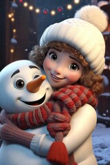 Happy girl hugging a snowman celebrating Christmas. Illustration Generative AI.