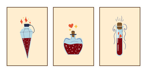 Magic potion set. Love or poison drink. Glass flask with colorful liquid. Romance hearts. Fantasy magical beverage. Labels or emblems. Witchcraft and alchemy cartoon flat vector illustration