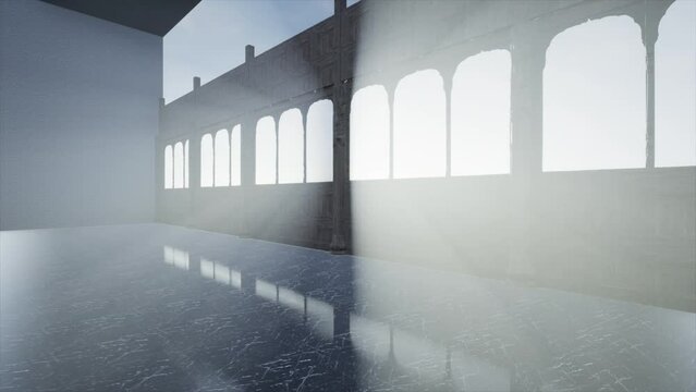 Wide-angle dolly shot of sunrays coming from windows. 3d renders surreal footage of sunrays form multiple windows.4K UHD quality.

