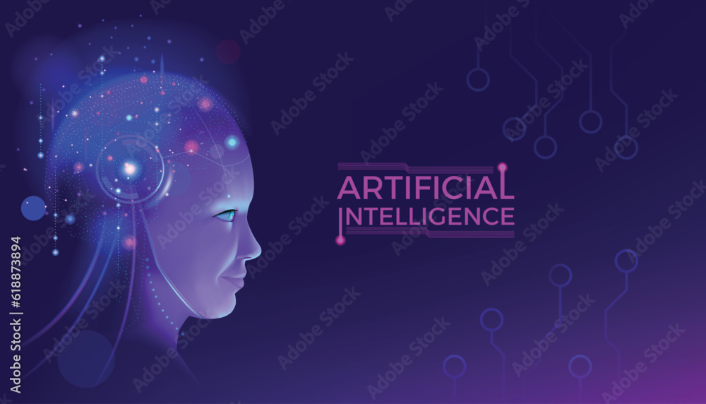 Leinwandbilder Artificial intelligence. AI brain. Digital robot technology. Glowing cyborg head. Future data learning. Science mind. Human robotic network. Innovation computing. Vector background