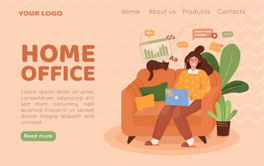 Home work office. Landing page. Freelance business occupation. Woman with laptop on sofa. Remote computer job. Girl sitting on couch. Vector illustration website UI design template