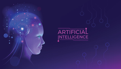 Artificial intelligence. AI brain. Digital robot technology. Glowing cyborg head. Future data learning. Science mind. Human robotic network. Innovation computing. Vector background