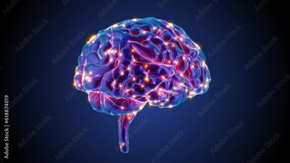 Wall mural blue brain spinning in a 3d animation with neurons sparkling