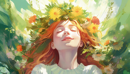 Beautiful girl with wildflowers in the midsummer sun celebrating solstice. Generative AI illustrations - obrazy, fototapety, plakaty
