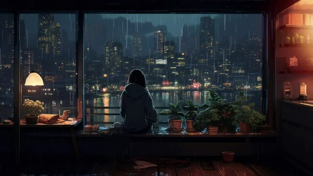 Lofi girl studying at night. Chill rainy atmospheric background for music video. Anime manga woman relaxing with study beats. Lo-fi song wallpaper. Looped video. Storm and rain on the balcony city.