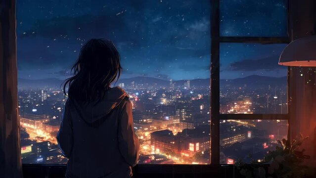Lonely anime girl stargazing at night. Milky way over the city lights. Looped video for lofi music background. Beautiful chill and relaxed animated wallpaper of manga, cartoon woman enjoying the mood.