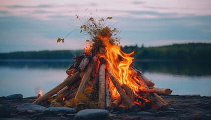Midsummer solstice bonfire by a lake in the afternoon. Generative AI illustrations