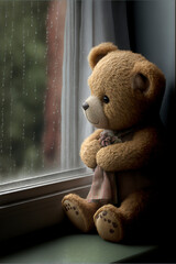 teddy bear looking out of a window as it rains outside, image created with ai
