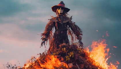 Witch burning on a bonfire at a summer solstice ritual. Generative AI illustrations
