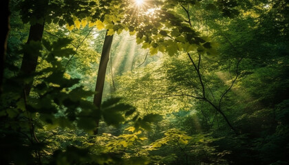 Sunrise shines on vibrant forest, nature beauty generated by AI